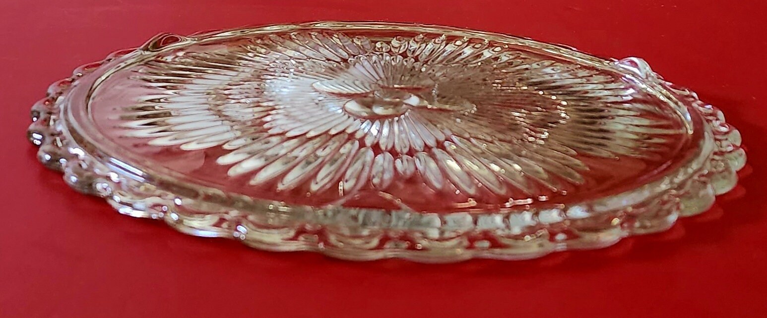 Vintage Round Clear Footed Indiana Glass Flower Sunburst Cake Plate 1960's Pressed Glass Cake Platter 11" with Scalloped Edges ~ #3355 - Timeless Treasures  Emporium1