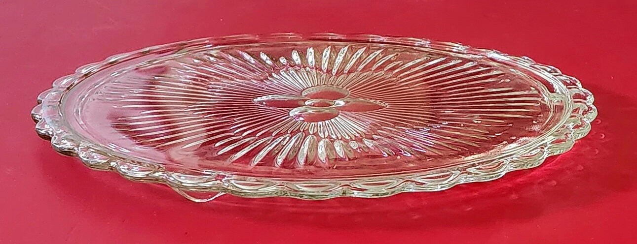 Vintage Round Clear Footed Indiana Glass Flower Sunburst Cake Plate 1960's Pressed Glass Cake Platter 11" with Scalloped Edges ~ #3355 - Timeless Treasures  Emporium1