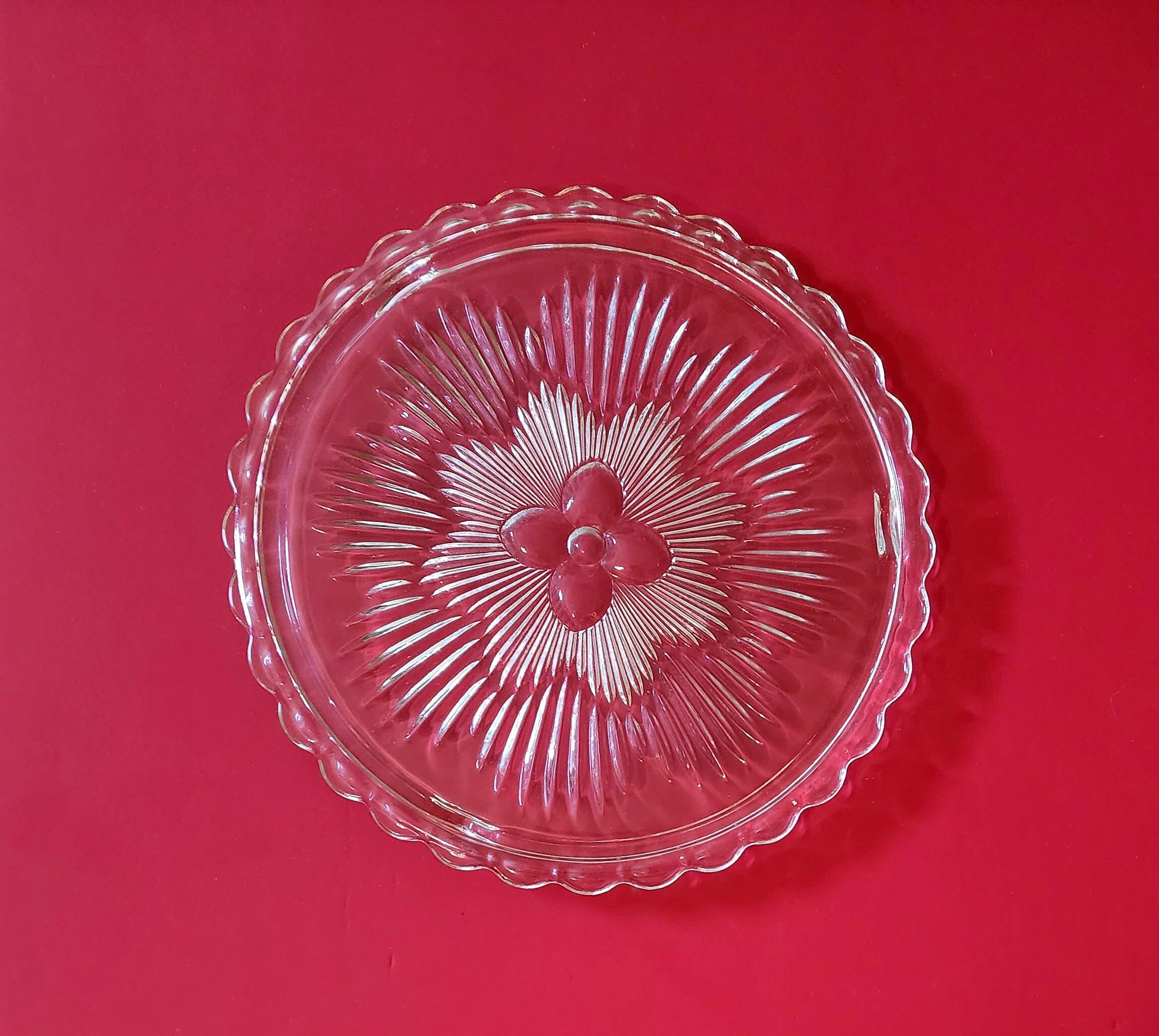 Vintage Round Clear Footed Indiana Glass Flower Sunburst Cake Plate 1960's Pressed Glass Cake Platter 11" with Scalloped Edges ~ #3355 - Timeless Treasures  Emporium1