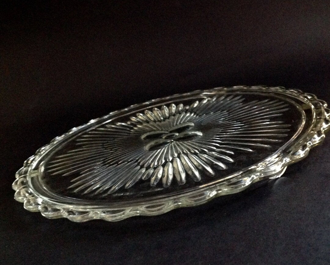 Vintage Round Clear Footed Indiana Glass Flower Sunburst Cake Plate 1960's Pressed Glass Cake Platter 11" with Scalloped Edges ~ #3355 - Timeless Treasures  Emporium1
