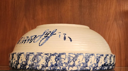 Vintage Rustic Heavy Pottery Aged Blue/White Hand Painted Spongeware Ceramic Popcorn Is Sharing Bowl - Timeless Treasures  Emporium1
