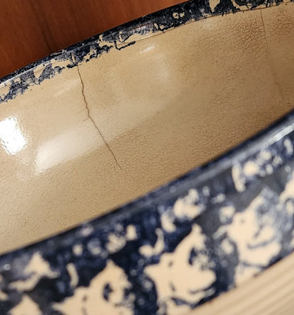 Vintage Rustic Heavy Pottery Aged Blue/White Hand Painted Spongeware Ceramic Popcorn Is Sharing Bowl - Timeless Treasures  Emporium1