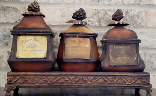Trio of Lidded Metal Containers Accent Piece with Stand ~ 7-Piece Set
