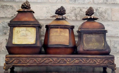 Trio of Lidded Metal Containers Accent Piece with Stand ~ 7-Piece Set