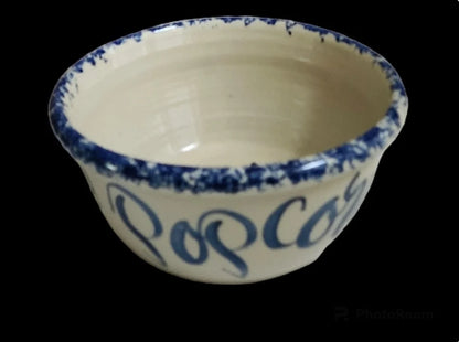 Vintage Rustic Heavy Marshall Pottery Aged Blue/White Hand Painted Spongeware Ceramic Popcorn Bowl - 10.5" - Timeless Treasures  Emporium1