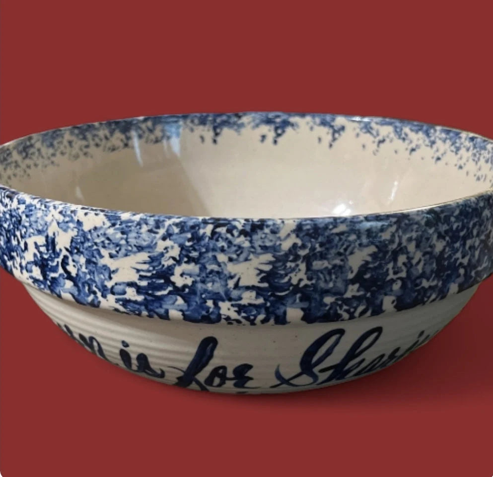Vintage Rustic Heavy Pottery Aged Blue/White Hand Painted Large Spongeware Ceramic Popcorn Is Sharing Bowl - Timeless Treasures  Emporium1