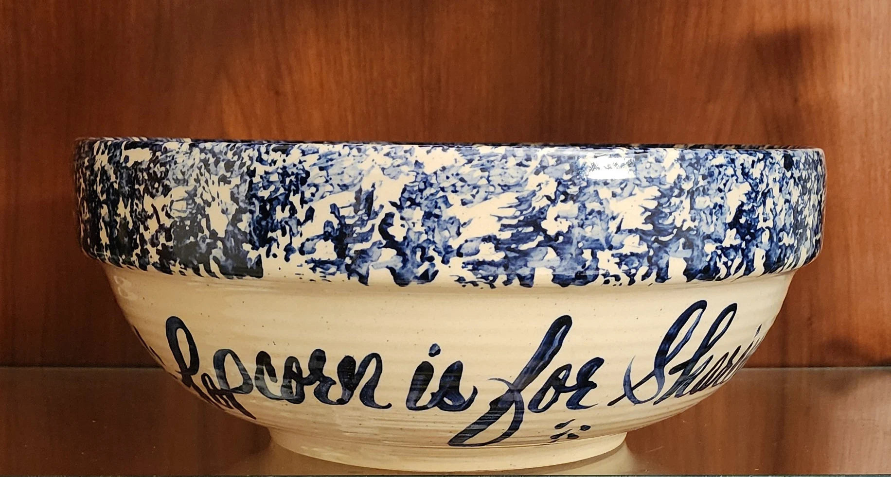 Vintage Rustic Heavy Pottery Aged Blue/White Hand Painted Large Spongeware Ceramic Popcorn Is Sharing Bowl - Timeless Treasures  Emporium1