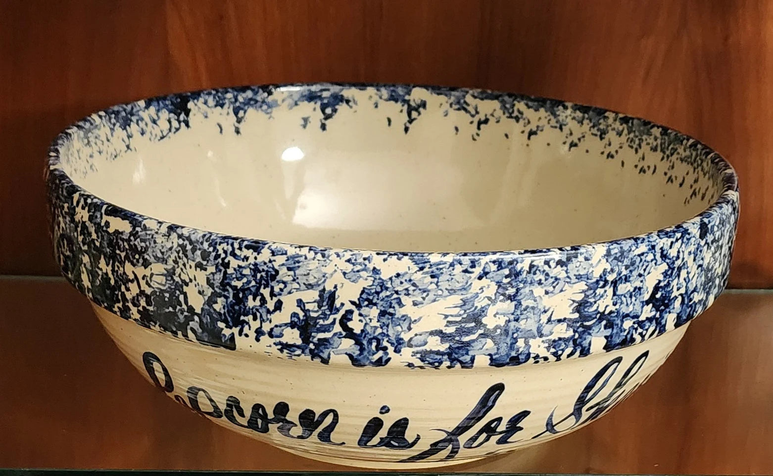Vintage Rustic Heavy Pottery Aged Blue/White Hand Painted Large Spongeware Ceramic Popcorn Is Sharing Bowl - Timeless Treasures  Emporium1