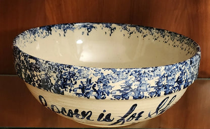 Vintage Rustic Heavy Pottery Aged Blue/White Hand Painted Large Spongeware Ceramic Popcorn Is Sharing Bowl - Timeless Treasures  Emporium1