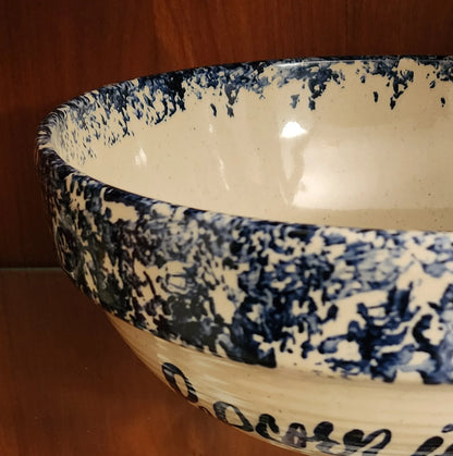 Vintage Rustic Heavy Pottery Aged Blue/White Hand Painted Large Spongeware Ceramic Popcorn Is Sharing Bowl - Timeless Treasures  Emporium1