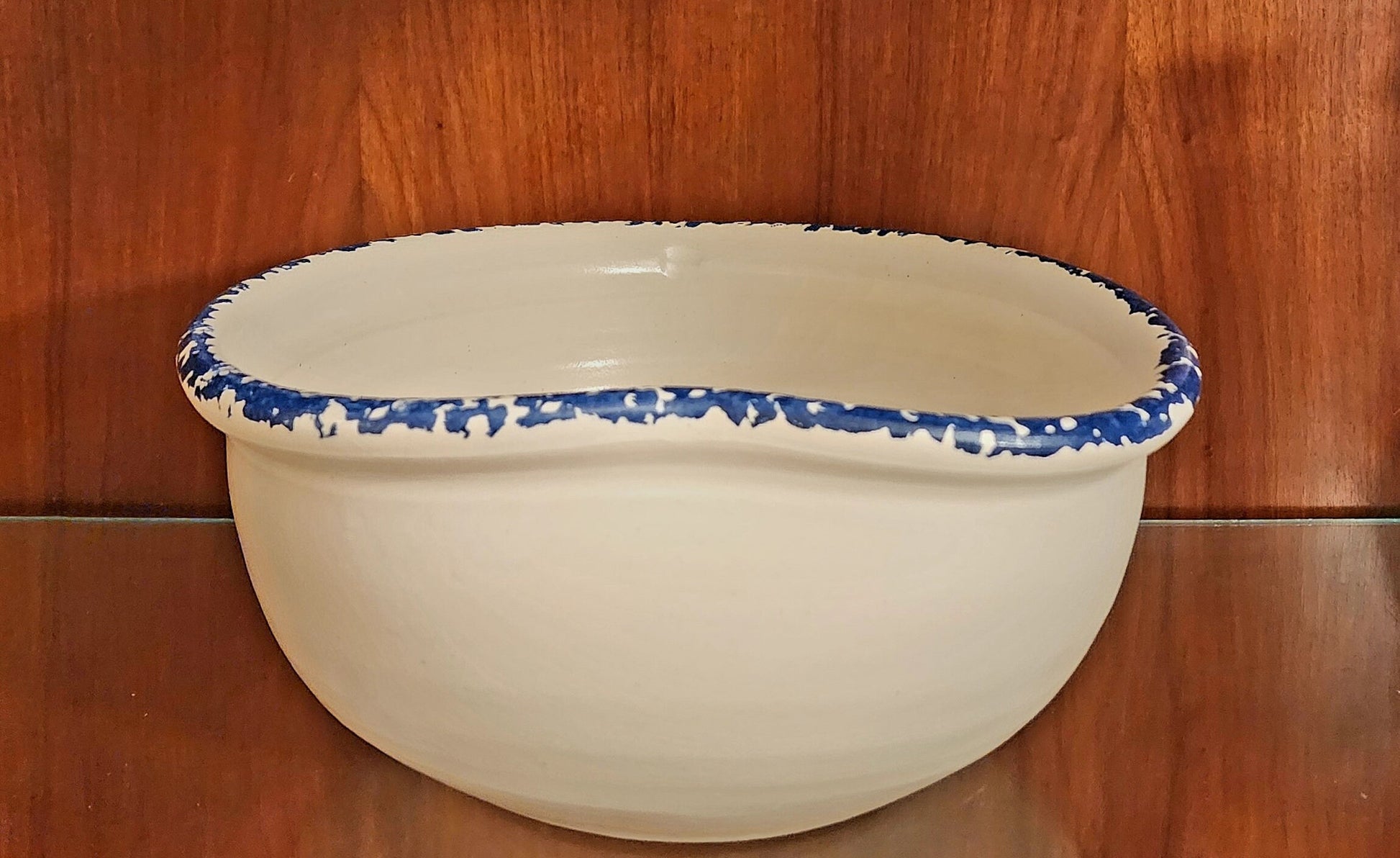 Vintage Rustic Heavy Marshall Pottery Aged Blue/White Hand Painted Spongeware Ceramic Love That Popcorn Bowl - Timeless Treasures  Emporium1