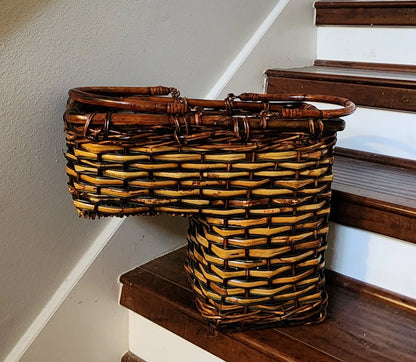 Two-Tone Wicker/Rattan Decorative Storage Stair Basket with Double Handles (Brown) Decor ~ 17