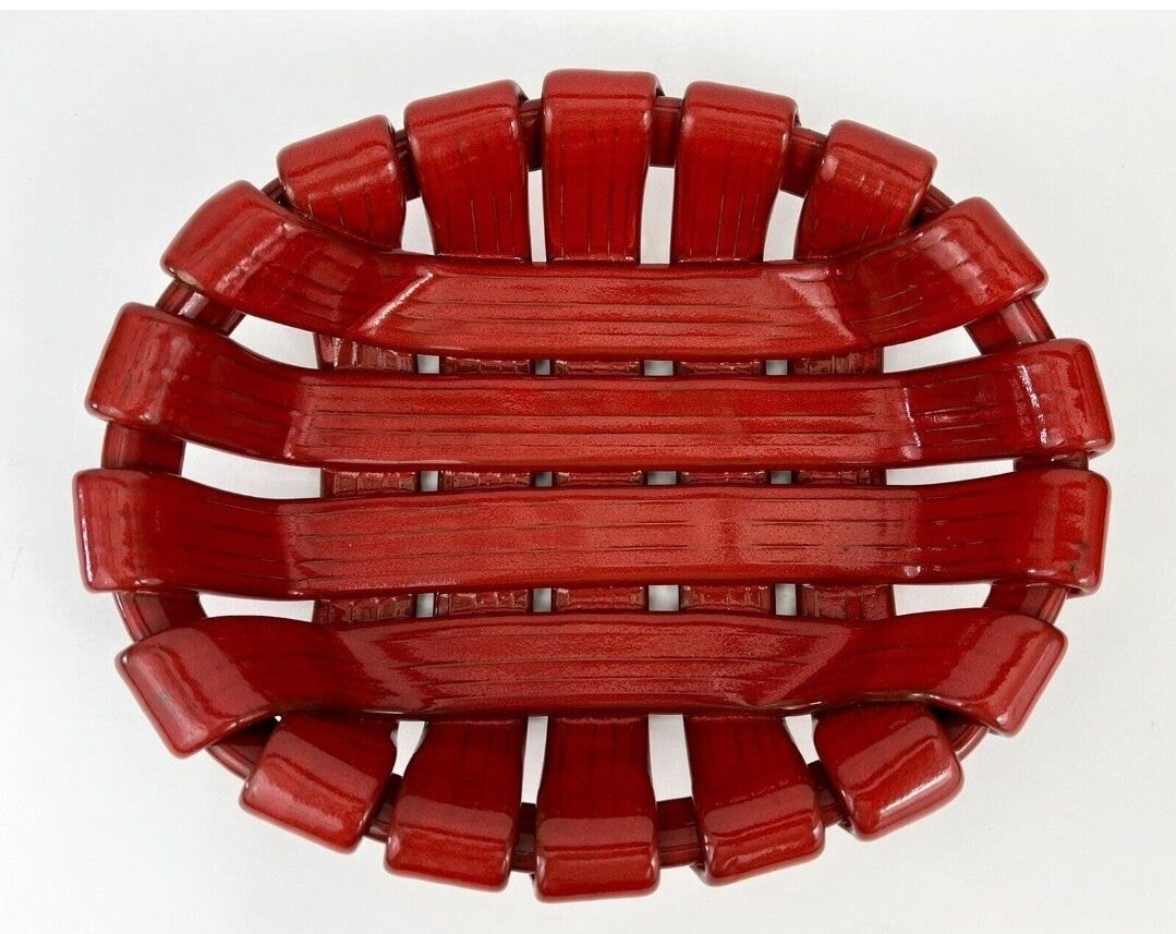 Vintage Heavy Red Decorative Tadinate Italy Ceramic Bread/Fruit Basket Pottery Bowl 11L x 8.75”W Red Glazed Woven Design - Timeless Treasures  Emporium1