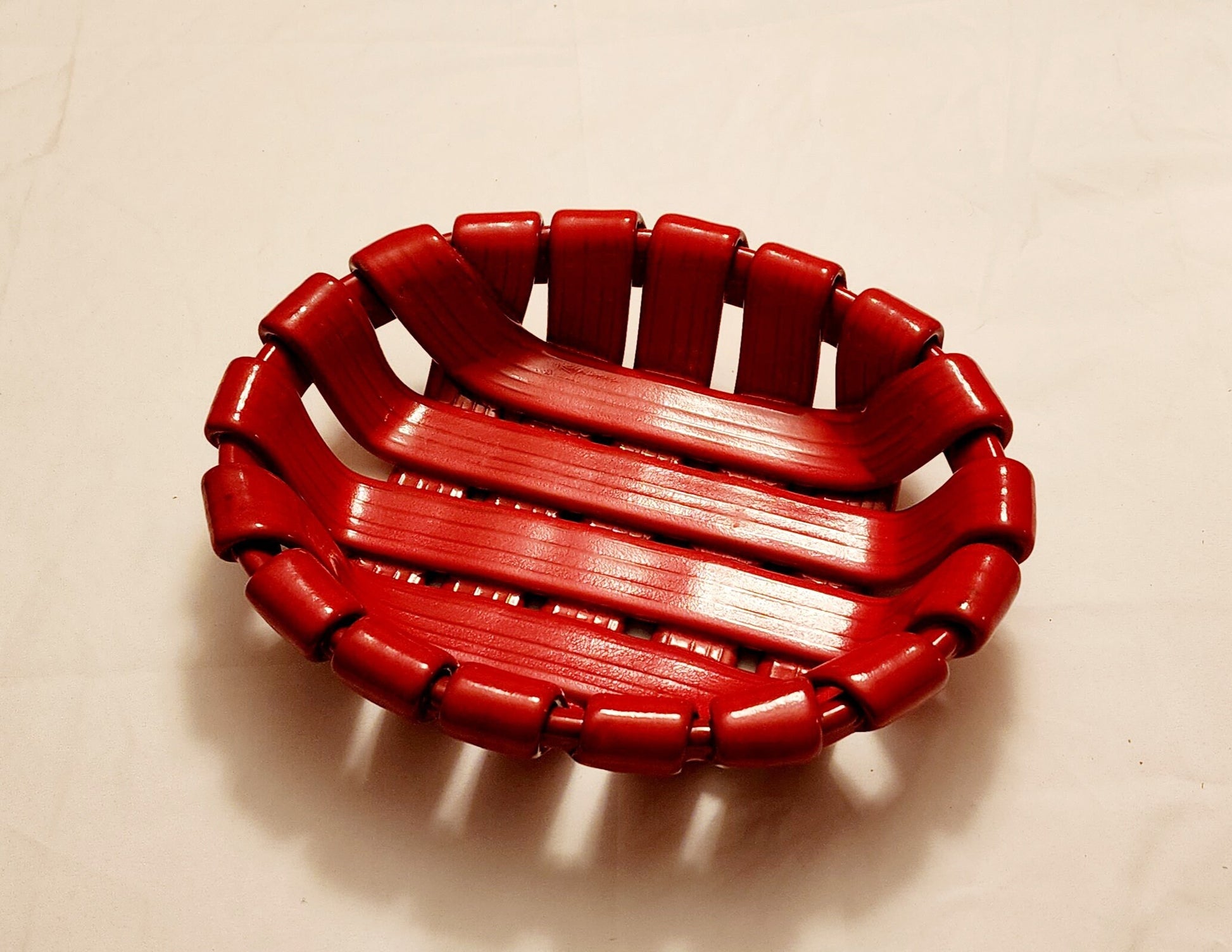Vintage Heavy Red Decorative Tadinate Italy Ceramic Bread/Fruit Basket Pottery Bowl 11L x 8.75”W Red Glazed Woven Design - Timeless Treasures  Emporium1