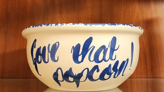 Vintage Rustic Heavy Marshall Pottery Aged Blue/White Hand Painted Spongeware Ceramic Love That Popcorn Bowl - Timeless Treasures  Emporium1
