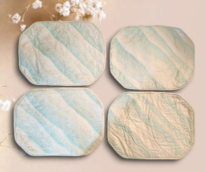 Quilted Handmade Quilted Spray Paint Design Teal Blue Reversible Multicolored Cloth Fabric Dining Table Placemats ~ Set of 4