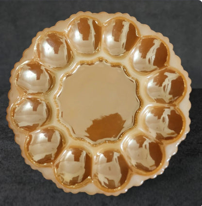 Vintage Anchor Hocking Robins Egg Blue Glass Deviled Egg / Oyster Plate Server Dish With Gold Trim ~ 10" - Timeless Treasures  Emporium1