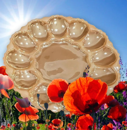 Vintage Anchor Hocking Robins Egg Blue Glass Deviled Egg / Oyster Plate Server Dish With Gold Trim ~ 10" - Timeless Treasures  Emporium1