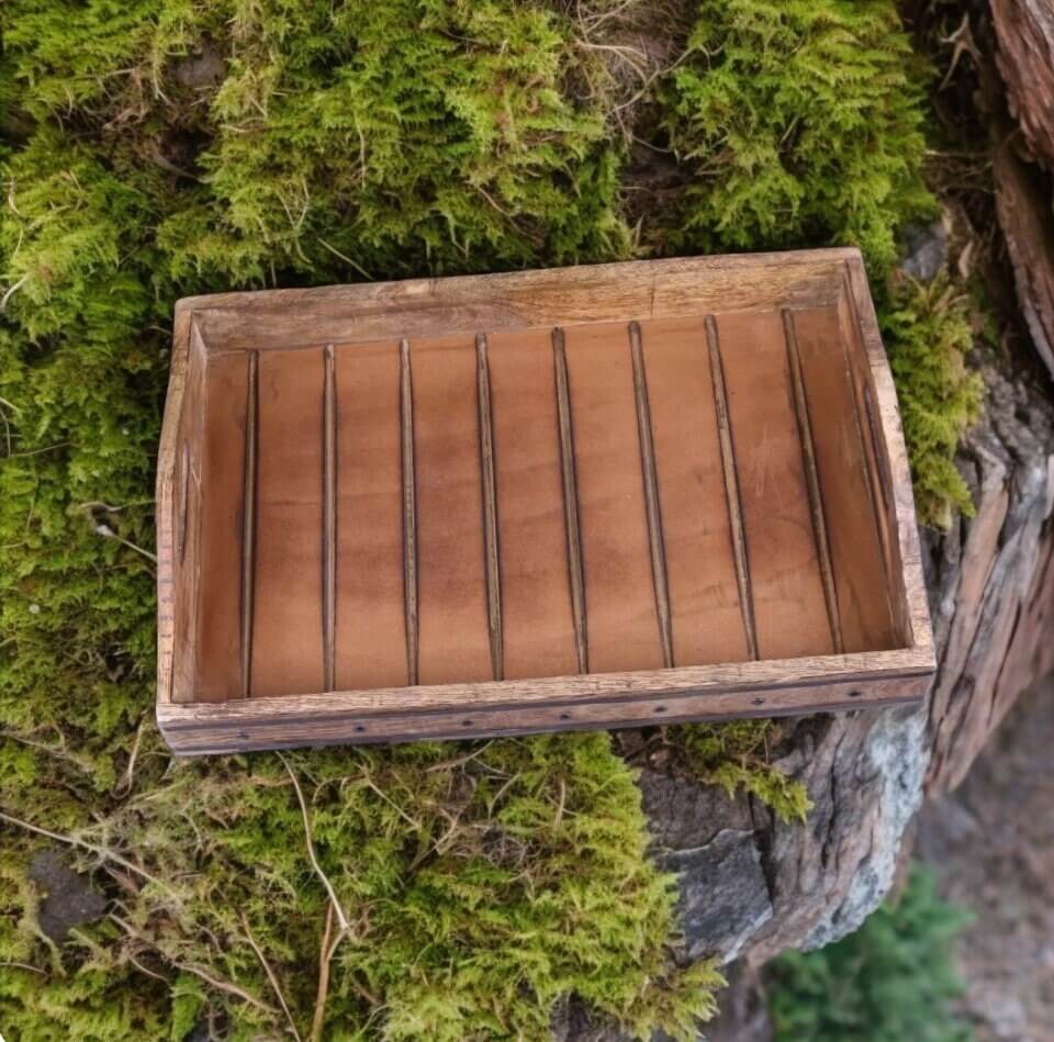 Thiak Rustic Mango Wooden Serving Tray Unique Slat Style Rectangular Shape Serving Tray with Metal Trim and Handles for Luxury Home Decor