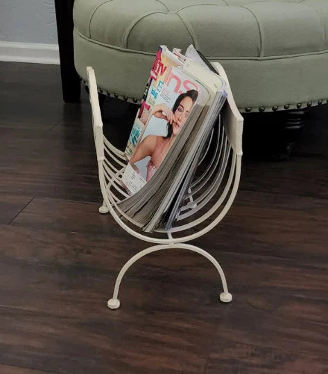 Vintage White Metal Magazine Record, Floral Painting, Book Storage Rack, Record Rack, Magazine Stand, Album Holder - Timeless Treasures  Emporium1