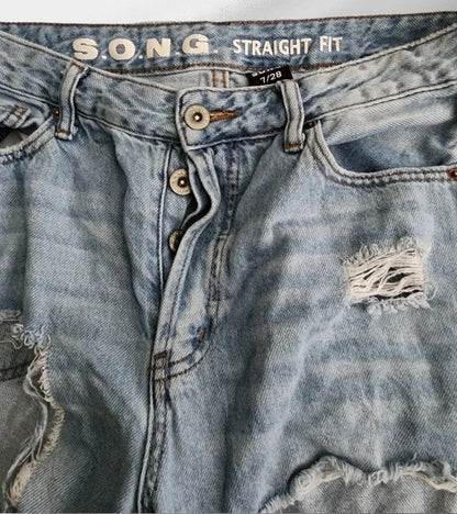 SONG Jeans 7/28 Waist Womens Ankle Straight Fit Distressed Ripped Raw Hem Vintage Rigid Denim