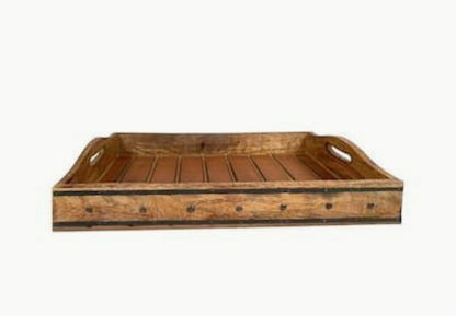 Thiak Rustic Mango Wooden Serving Tray Unique Slat Style Rectangular Shape Serving Tray with Metal Trim and Handles for Luxury Home Decor