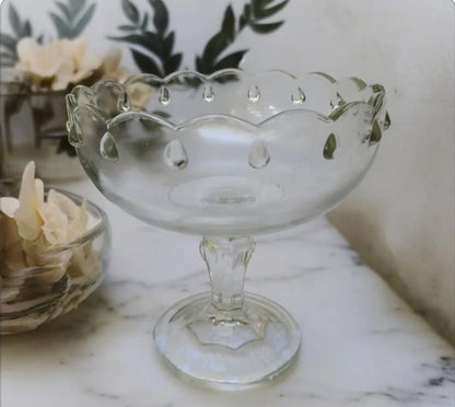 Vintage Indiana Glass Teardrop Design Clear Glass Compote Pedestal Compote Bowl 7.5” Scalloped - Timeless Treasures  Emporium1