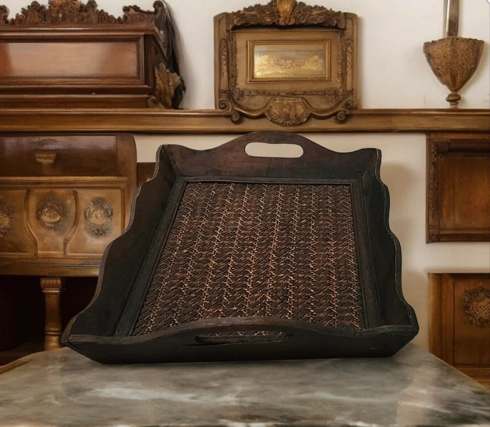 Vintage Wooden Wicker Rattan Serving Tray Coffee Table Tray With Handles ~ 19" x 14" x 2" - Timeless Treasures  Emporium1