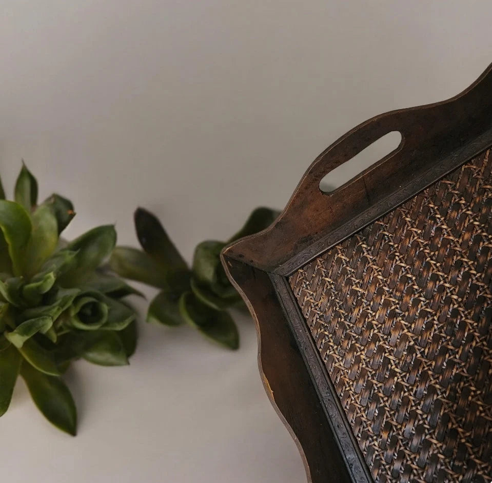 Vintage Wooden Wicker Rattan Serving Tray Coffee Table Tray With Handles ~ 19" x 14" x 2" - Timeless Treasures  Emporium1