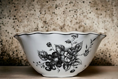 Large TOILE Black on White Decorative Bowl Grapes and Roses Design Porcelain Serving Bowl ~ 10" Wide - Timeless Treasures  Emporium1