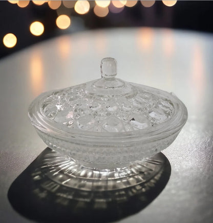 Vintage Indiana Glass Clear Covered Candy Dish With Lid Windsor Royal Brighton Button and Cane Pattern - Timeless Treasures  Emporium1