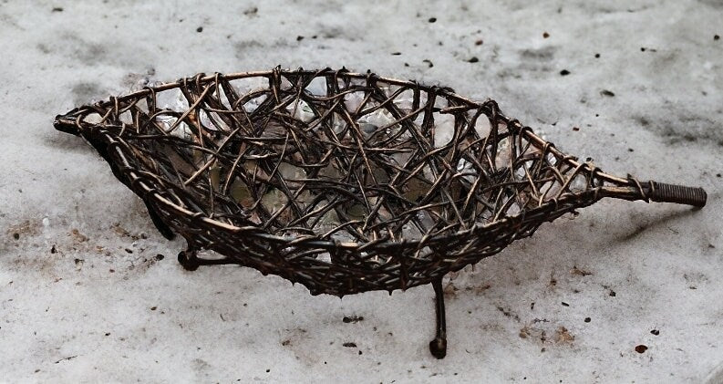 Gorgeous Mid Century Vintage Woven Leaf Shaped Brown Twig Wicker Basket Centerpiece Home Decor with Iron Ball Feet ~ 16" - Timeless Treasures  Emporium1