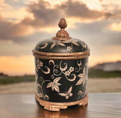 Vintage Asian Decorative Gilded Leaf Wooden Castilian Imports Table Box Footed Chest ~ 15"×10"
