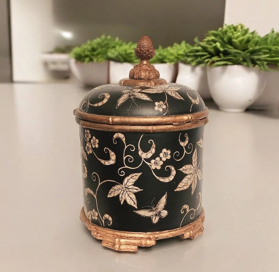 Vintage Asian Decorative Gilded Leaf Wooden Castilian Imports Table Box Footed Chest ~ 15"×10"