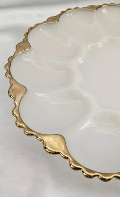 Vintage Anchor Hocking White Milk Glass Oyster / Deviled Egg Plate Server Dish With Gold Trim ~ 10"