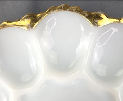 Vintage Anchor Hocking White Milk Glass Oyster / Deviled Egg Plate Server Dish With Gold Trim ~ 10"