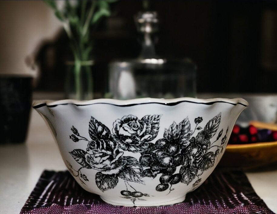 Large TOILE Black on White Decorative Bowl Grapes and Roses Design Porcelain Serving Bowl ~ 10" Wide - Timeless Treasures  Emporium1