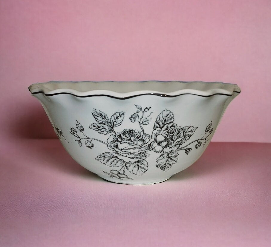 Large TOILE Black on White Decorative Bowl Grapes and Roses Design Porcelain Serving Bowl ~ 10" Wide - Timeless Treasures  Emporium1