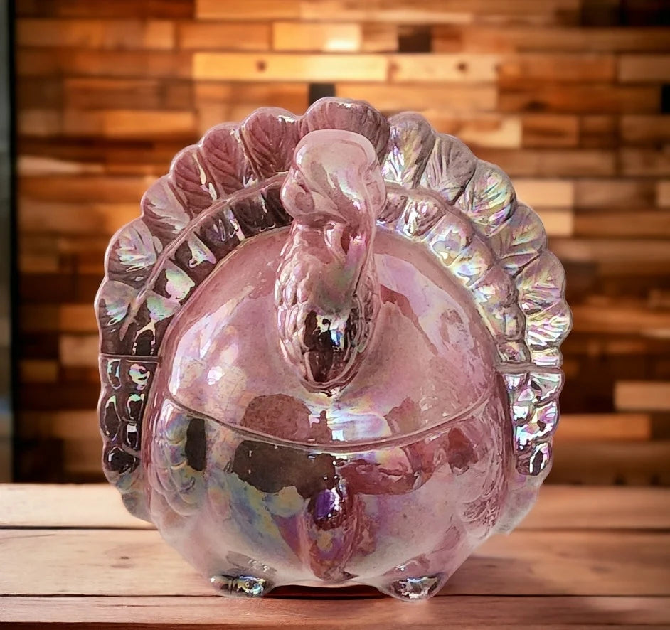 Iridescent Ceramic Glazed Turkey Gobbler Figure Gravy Boat (RARE) ~ 6-1/2" - Timeless Treasures  Emporium1