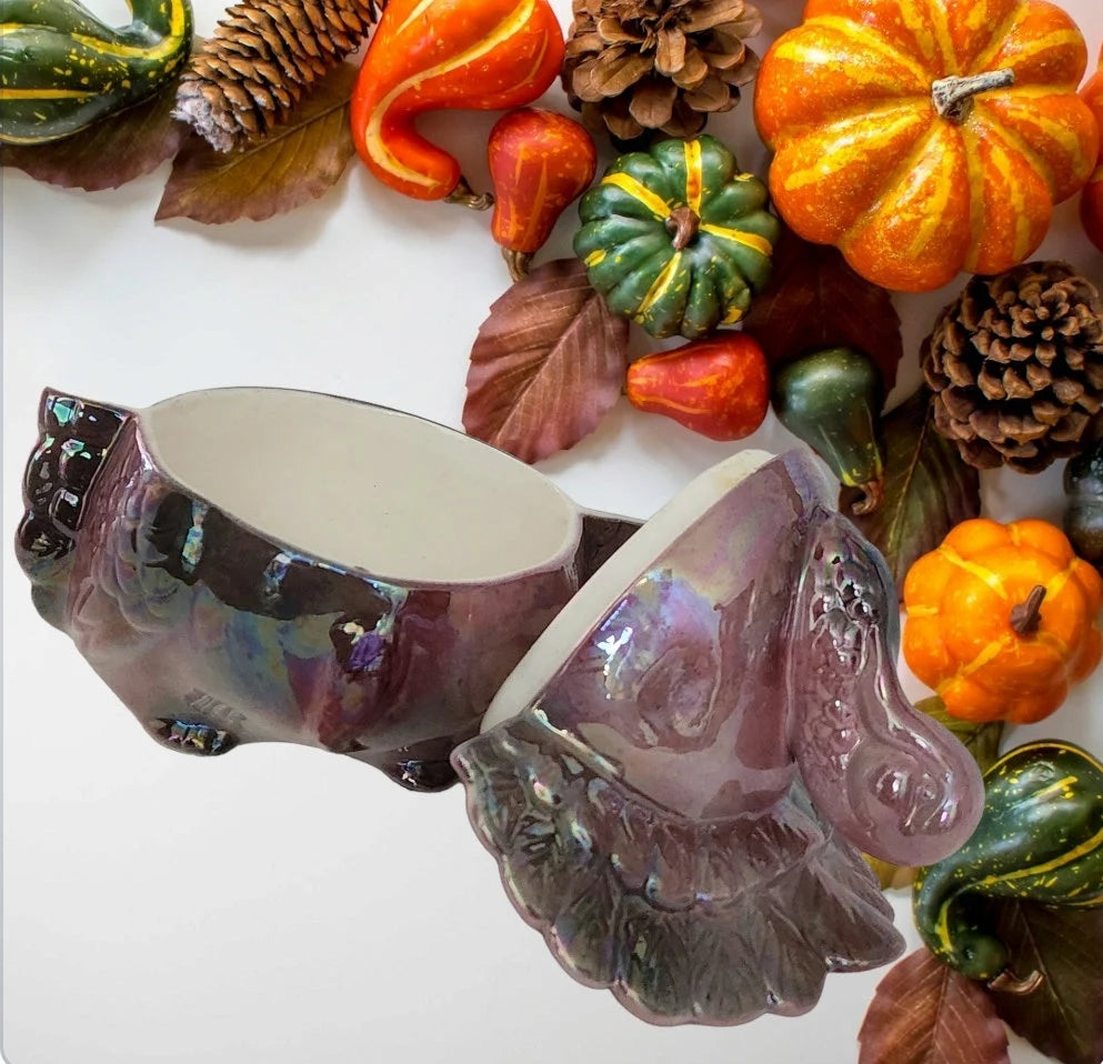 Iridescent Ceramic Glazed Turkey Gobbler Figure Gravy Boat (RARE) ~ 6-1/2" - Timeless Treasures  Emporium1