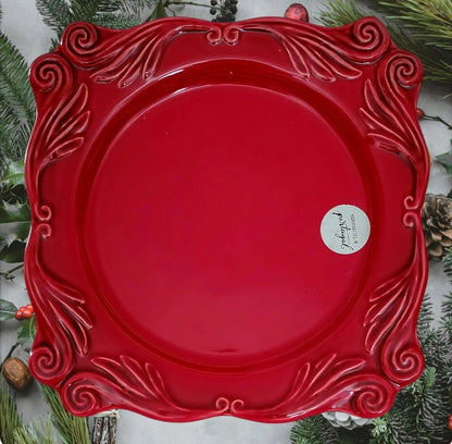 Red Portuguese Ceramic 12.75-inch Square Festive Pedestal Footed Cake/Dessert Plate Stand