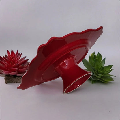 Red Portuguese Ceramic 12.75-inch Square Festive Pedestal Footed Cake/Dessert Plate Stand