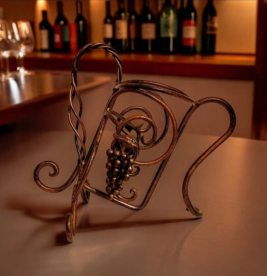 Vintage Rustic Wrought Iron Brass Finished Tilted Bottle Holder ~ 10"H - Timeless Treasures  Emporium1