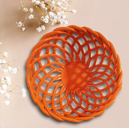 Orange Porcelain Open Weave Woven Ceramic Decorative Lattice Fruit Bread Bowl Basket, ROUND ~ 10"D x 5"H - Timeless Treasures  Emporium1