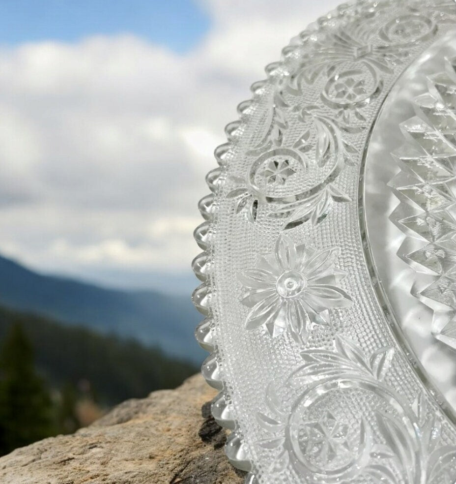 Vintage Depression Clear Glass Handled Sectioned Serving Tray / Platter, Sandwich by Duncan Miller ~ 14"