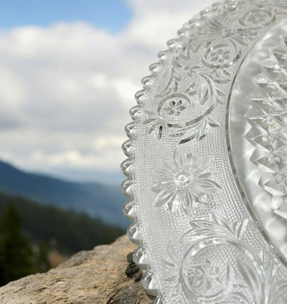 Vintage Depression Clear Glass Handled Sectioned Serving Tray / Platter, Sandwich by Duncan Miller ~ 14"