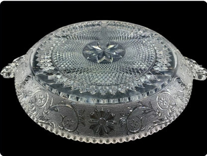 Vintage Depression Clear Glass Handled Sectioned Serving Tray / Platter, Sandwich by Duncan Miller ~ 14"