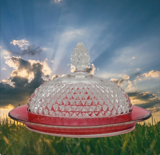 Vintage Indiana Glass Diamond Point Faceted Cranberry Red Flash Oval Large Covered Butter Dish - Timeless Treasures  Emporium1