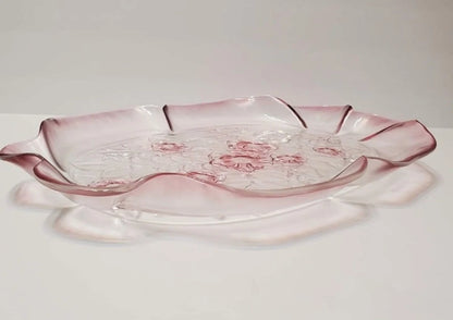 Vintage Mikasa Rosella Round Pink Roses Glass Serving Platter/Plate Embossed with Ruffled Edge - Timeless Treasures  Emporium1