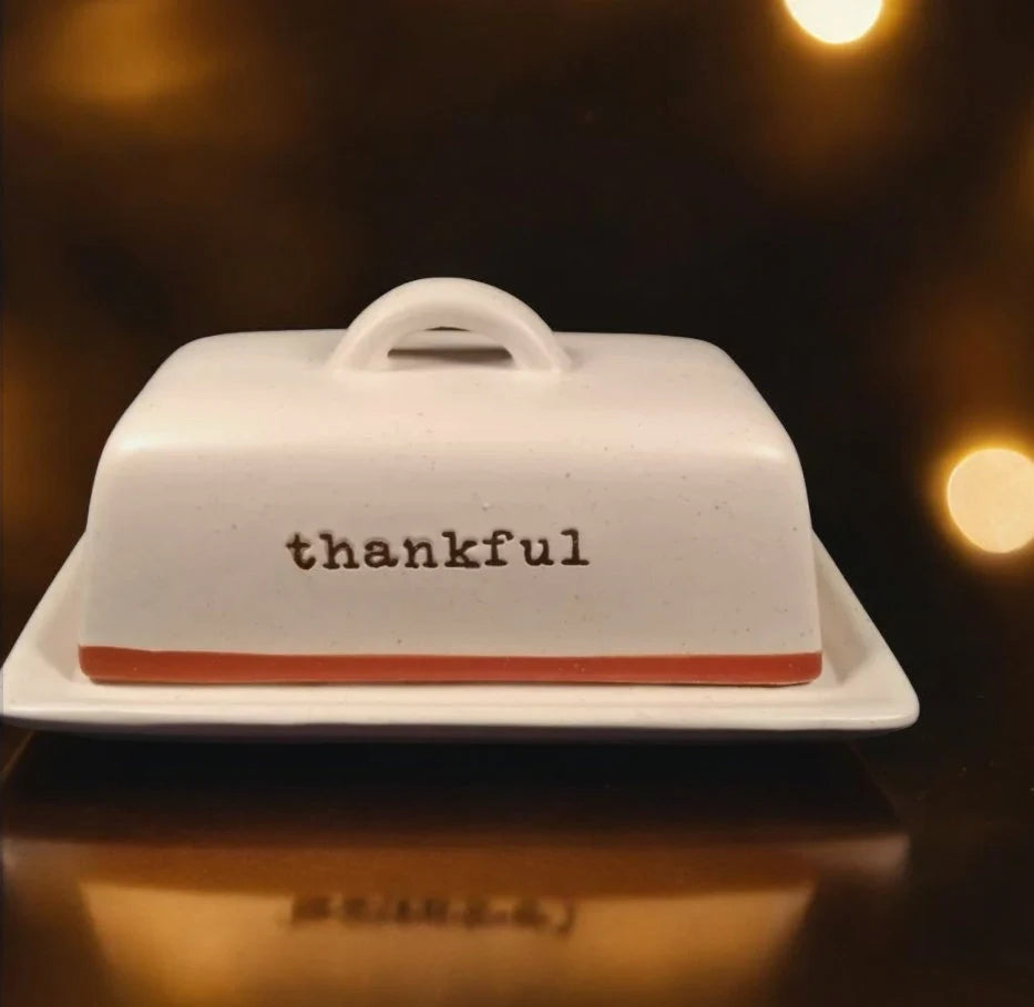 Happy Harvest "THANKFUL" Double Stick Butter Dish From Belle Maison ~ Rustic Stoneware - Timeless Treasures  Emporium1